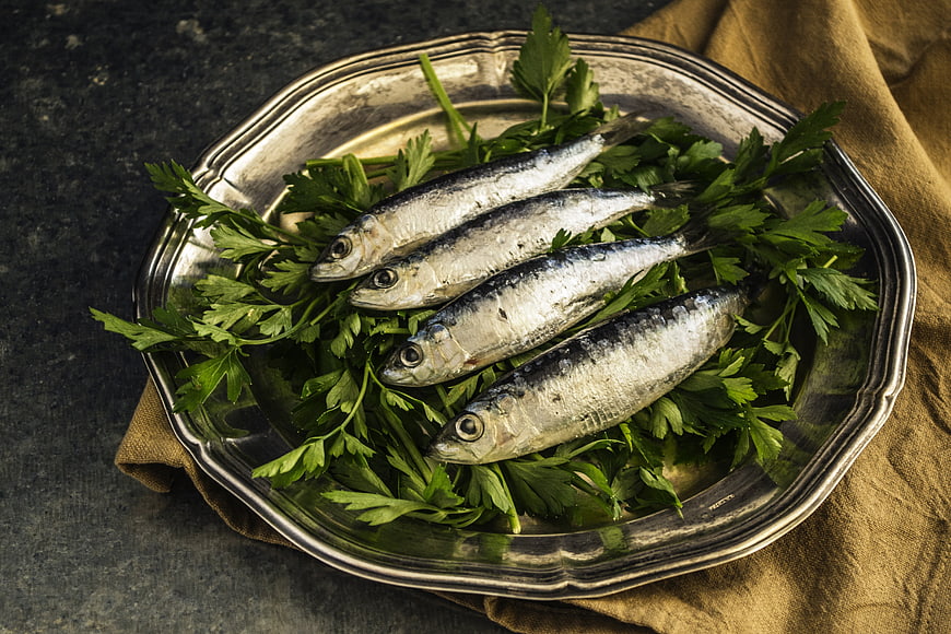 Fresh Sardines on Parsley in Vintage Silver Platter