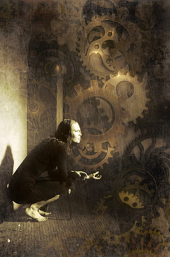 Woman Squatting Near Giant Gears in Dark Surreal Scene
