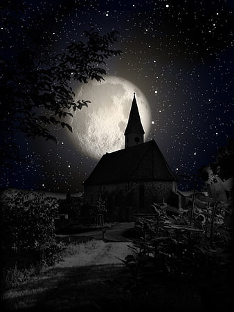 Silhouette of Gothic Church Tower Against Giant Full Moon and Starry Night Sky