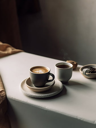 Minimalist Coffee Setup with Cappuccino and Black Coffee