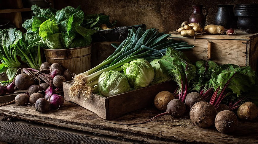 Rustic Harvest of Fresh Root Vegetables and Greens on Wooden Table
