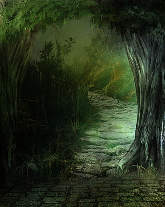 Mystical forest path framed by ancient trees and green mist