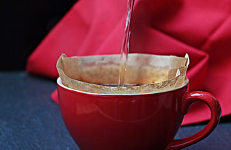 Pouring Water Into Red Ceramic Cup With Paper Coffee Filter