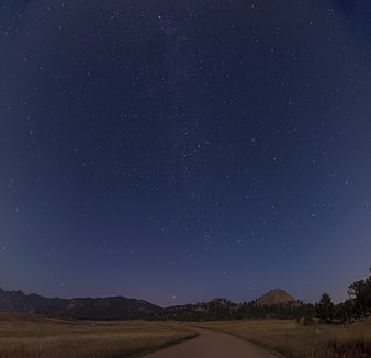 Starry Night Sky Over Mountain Road and Grassy Field