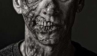 Close-up of a man with realistic zombie special effects makeup