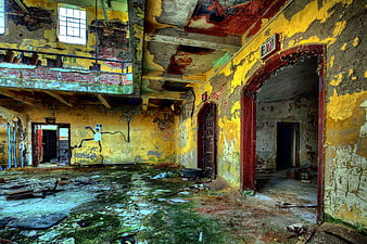 Abandoned Factory Interior with Peeling Yellow Paint and Mossy Floor