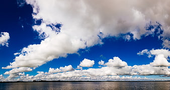 Panoramic View of Blue Sky with White Clouds Over Lake