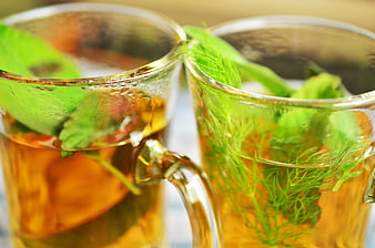 Close-up of two glass mugs filled with herbal tea and fresh green herbs