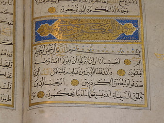 Close-up of ornate Arabic calligraphy in a gold-leafed Quran manuscript