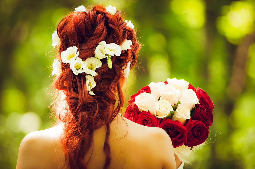 Redhead Bride with White Flowers in Hair and Red Rose Bouquet