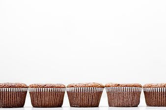 Row of Chocolate Muffins in White Paper Liners on White Background