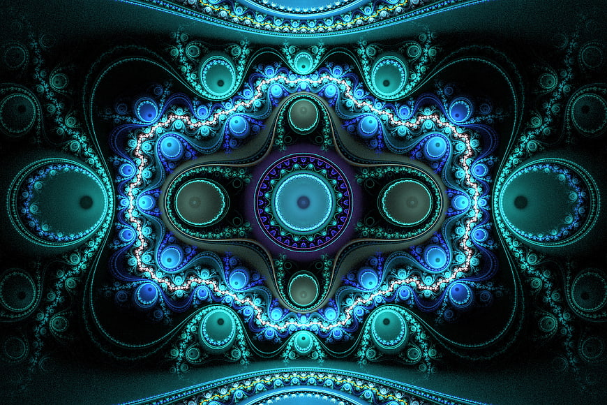 Abstract blue and cyan fractal pattern with intricate symmetry