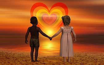 3D children holding hands on beach with heart sunset