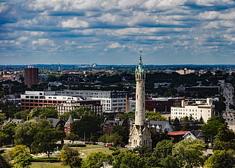 Aerial View of Cityscape with Historic Clock Tower