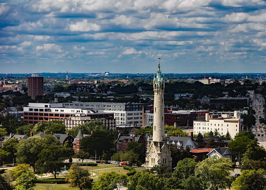 Aerial View of Cityscape with Historic Clock Tower
