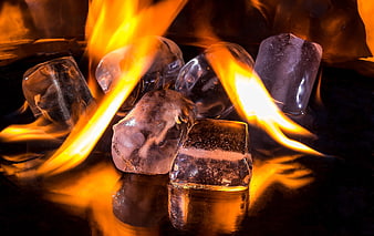 Ice cubes melting in fire flames on dark reflective surface
