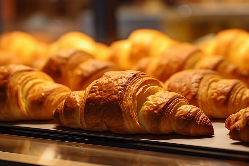 Golden Fresh Croissants in Bakery Display Case