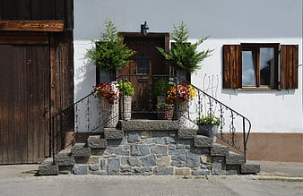 Rustic Wooden Door with Stone Steps and Flower Pots