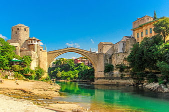 Stari Most Bridge in Mostar, Bosnia and Herzegovina, with Turquoise River