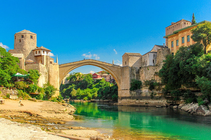 Stari Most Bridge in Mostar, Bosnia and Herzegovina, with Turquoise River