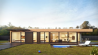 Modern Modular House Exterior Render With Pool And Glass Facade