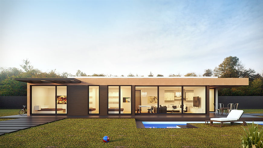 Modern Modular House Exterior Render With Pool And Glass Facade