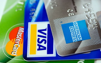 Close-up of Visa, MasterCard, and American Express credit cards