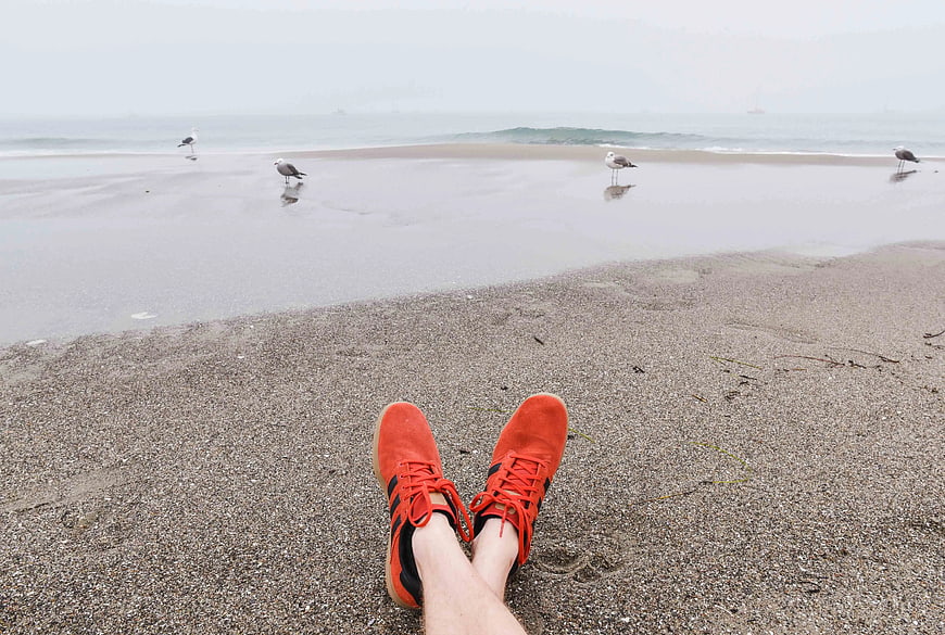 Orange Sneakers on Sandy Beach with Seagulls