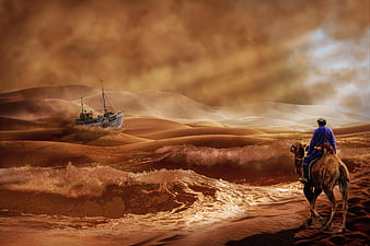 Surreal desert landscape with camel rider and ship in sand dunes