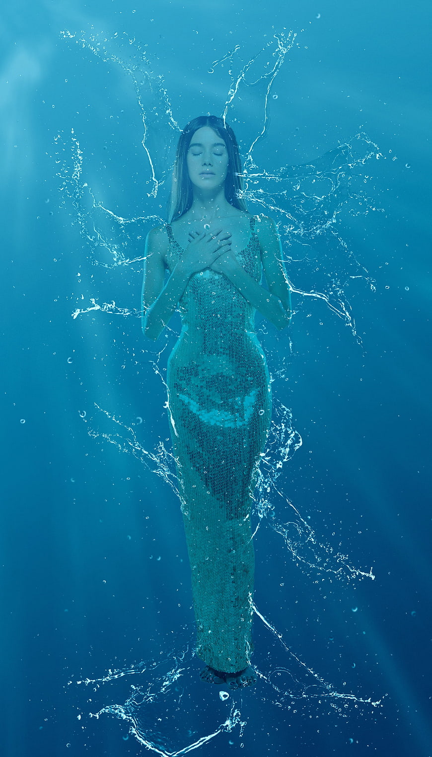 Underwater Woman in Sparkling Gown with Water Splashes