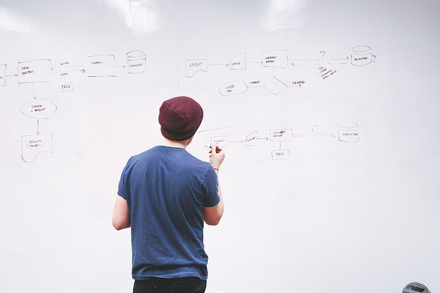 Man drawing flowchart on whiteboard in office