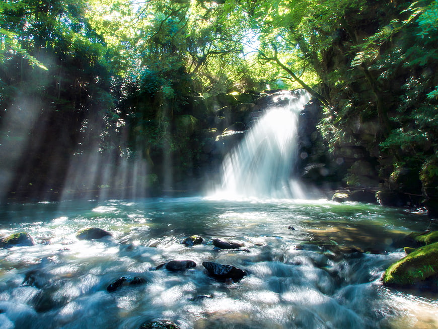 Sunlit waterfall in lush green forest with misty river