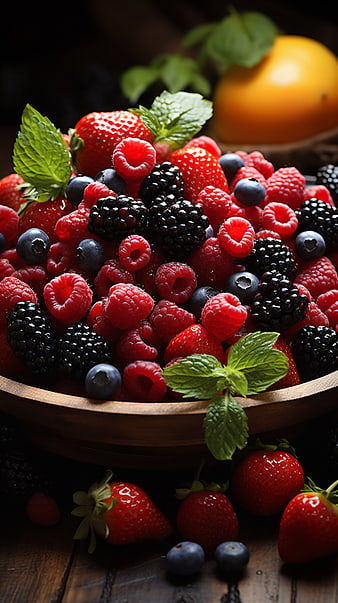 Wooden Bowl of Fresh Mixed Berries and Mint
