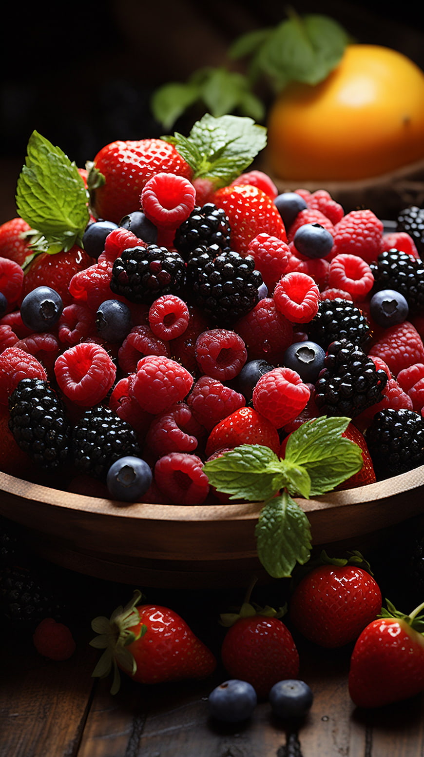Wooden Bowl of Fresh Mixed Berries and Mint
