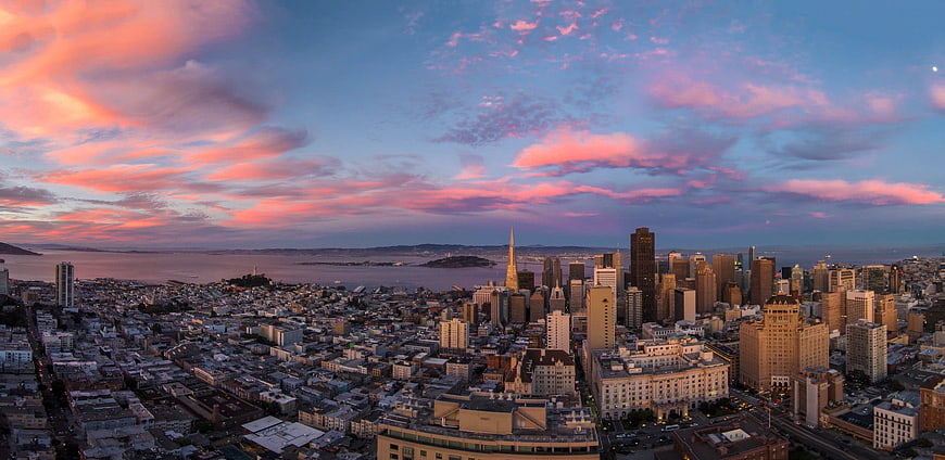 San Francisco Skyline at Sunset with Pink Clouds