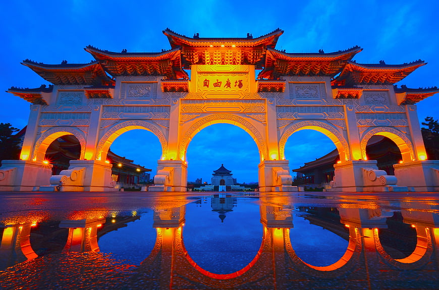 Chiang Kai-shek Memorial Hall Gate at Blue Hour with Reflection