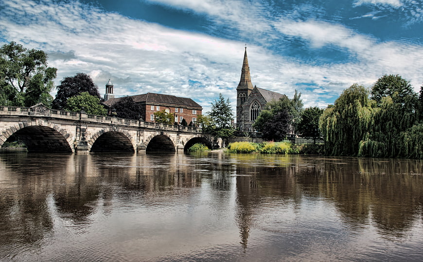 Stone Bridge and Church on River Severn in Shrewsbury