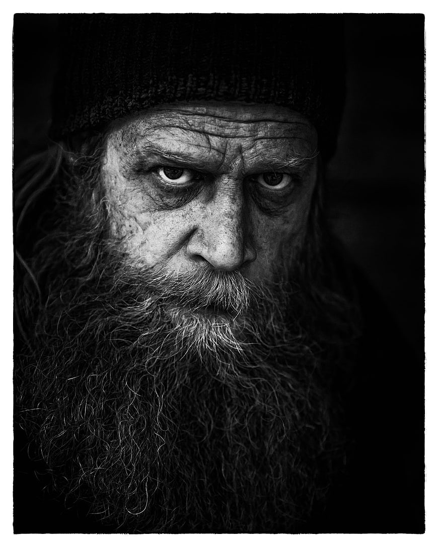 Intense Black and White Portrait of Weathered Man with Beard