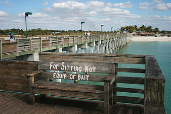 Wooden bench with humorous text on coastal pier