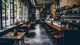 Modern industrial coffee shop interior with wooden tables