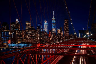 Long Exposure Manhattan Skyline from Brooklyn Bridge at Night