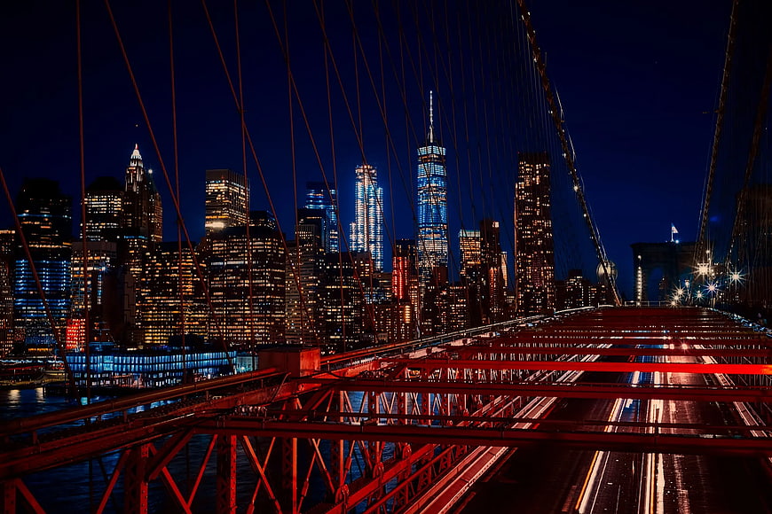 Long Exposure Manhattan Skyline from Brooklyn Bridge at Night