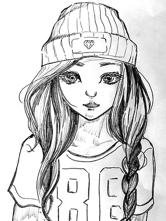 Black and white pencil sketch of a young woman wearing a beanie and t-shirt