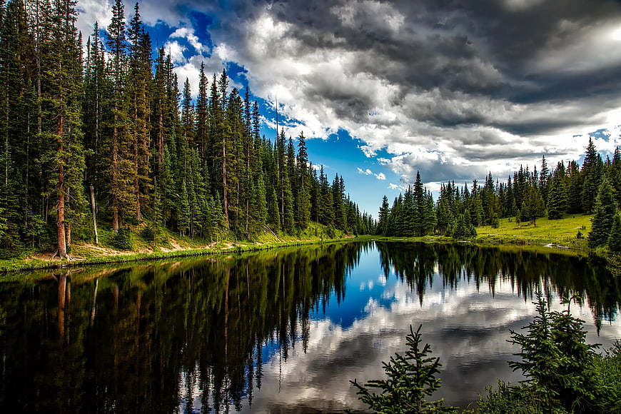 Serene Lake Reflection in Coniferous Forest with Dramatic Clouds