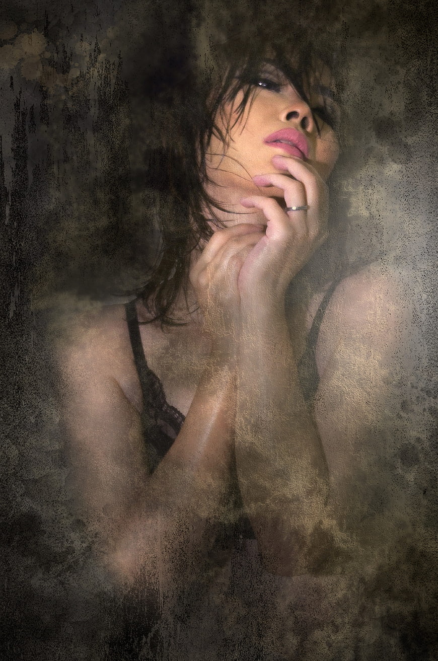 Sensual Artistic Portrait of Woman in Lingerie with Textured Overlay