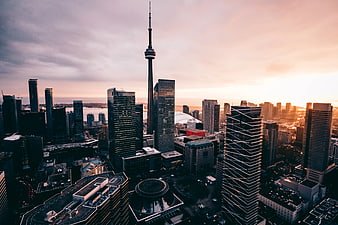 Aerial View of Toronto Skyline with CN Tower at Sunset