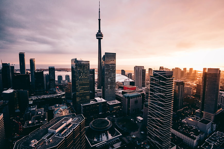 Aerial View of Toronto Skyline with CN Tower at Sunset