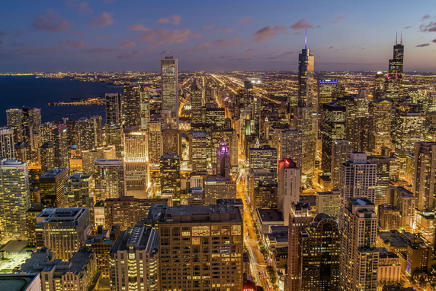 Chicago Skyline at Dusk with Lake Michigan and City Lights