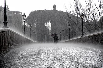 Lonely figure with umbrella walking on a rainy bridge in Paris