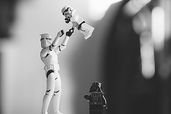 Black and white close-up of Lego Star Wars figures in a dramatic scene